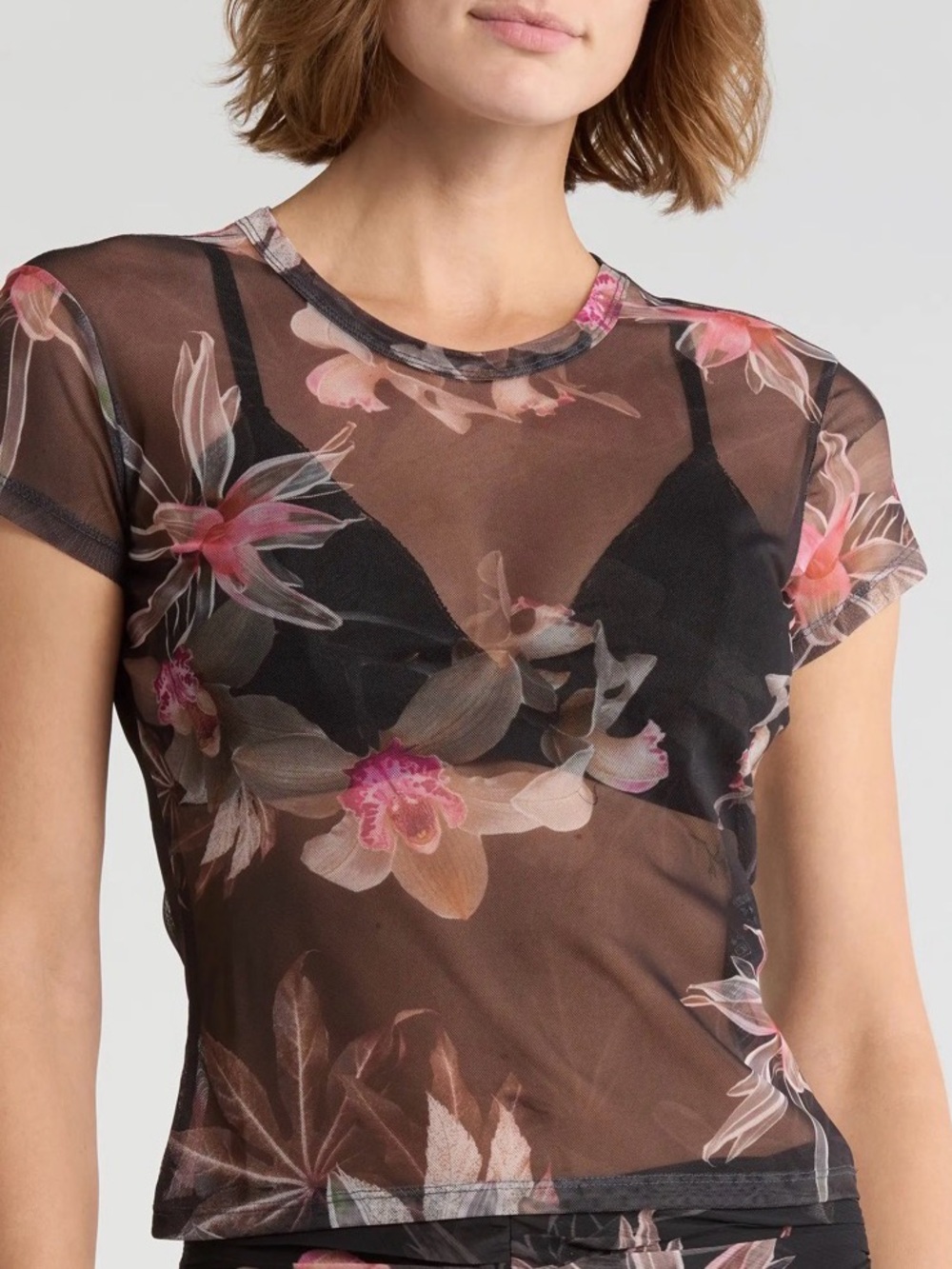 All Saints Sheer Black Floral Short Sleeve Tee